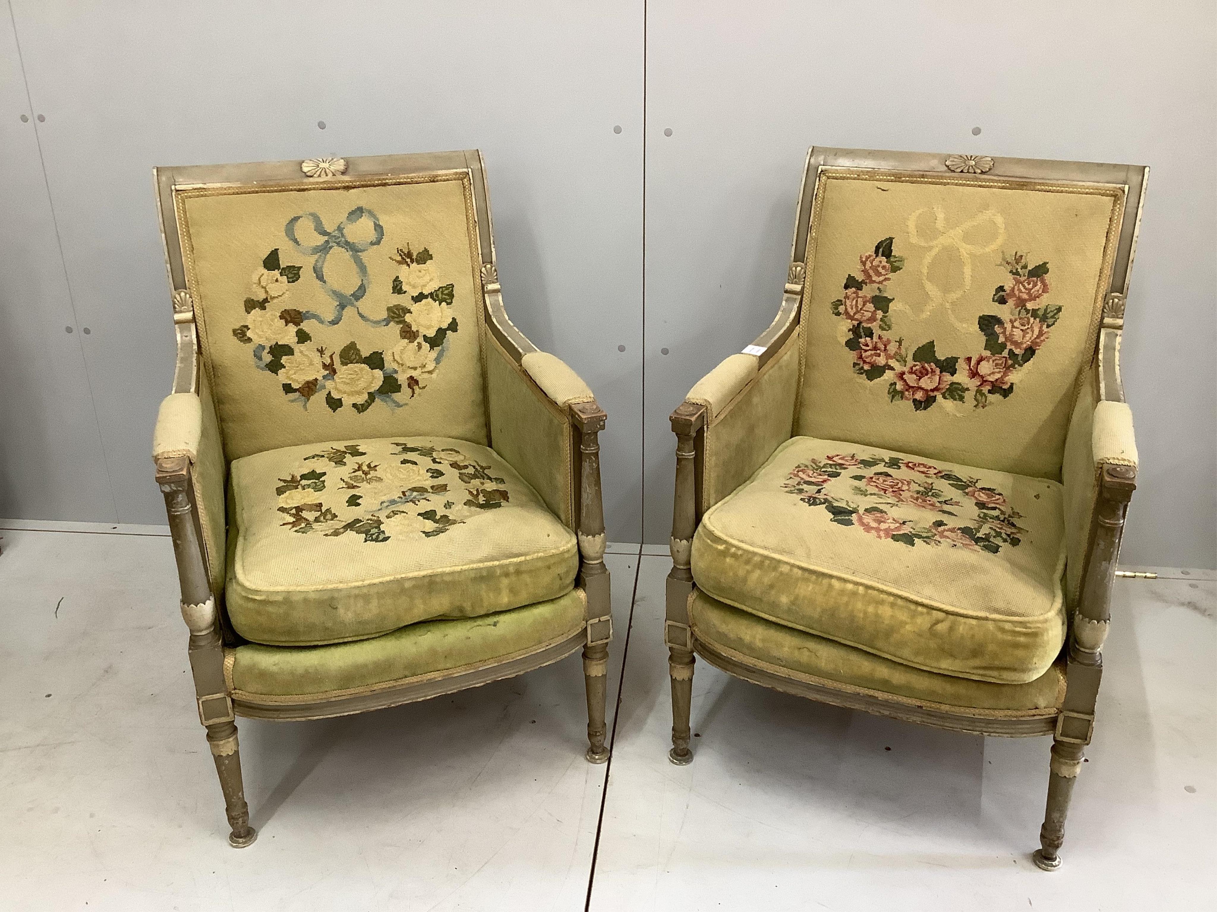 A pair of 19th century French chairs, width 60cm, depth 60cm, height 88cm. Condition - fair